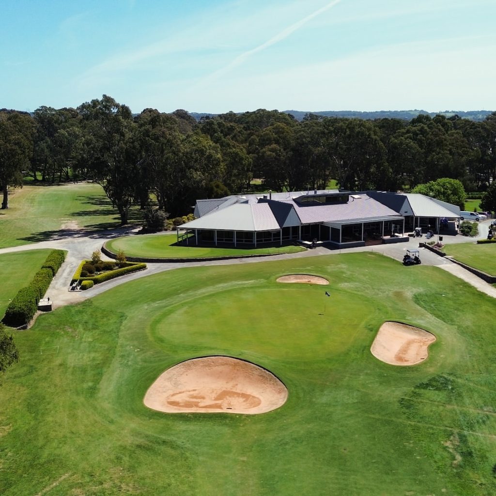 Aerial shot of the 9th green on the Aston Hills golf club