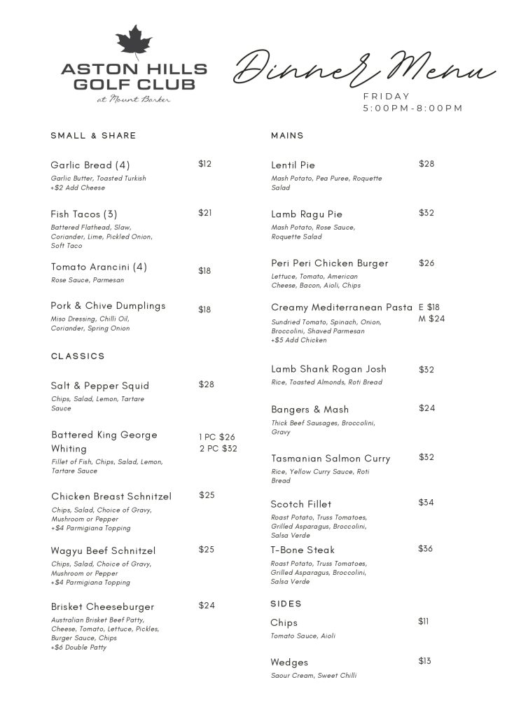 Aston Hills Winter Dinner Menu