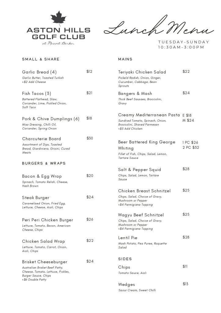 Aston Hills Winter Lunch Menu