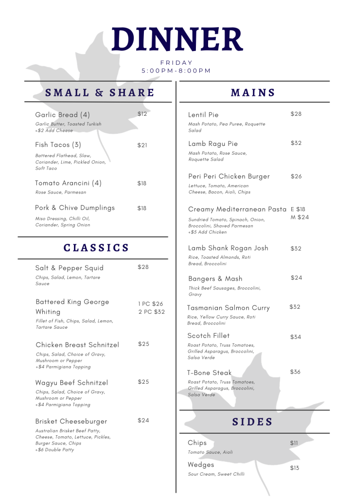 Two-column dinner menu with sections Small & Share and Mains, listing dishes and prices alongside a pale leaf watermark.