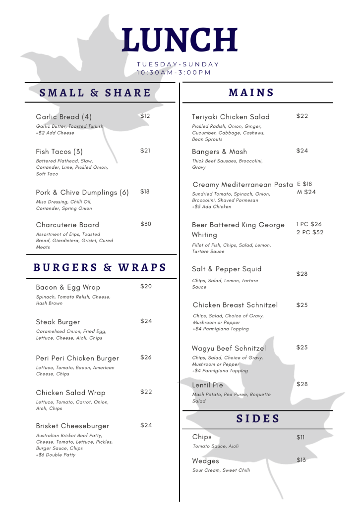 Two-column lunch menu with sections Small & Share, Mains, and Burgers & Wraps, priced items listed with descriptions and a decorative leaf background.